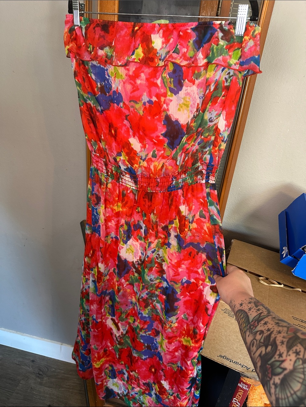 L8teR Strapless Floral Maxi Dress in Red Multi-Color